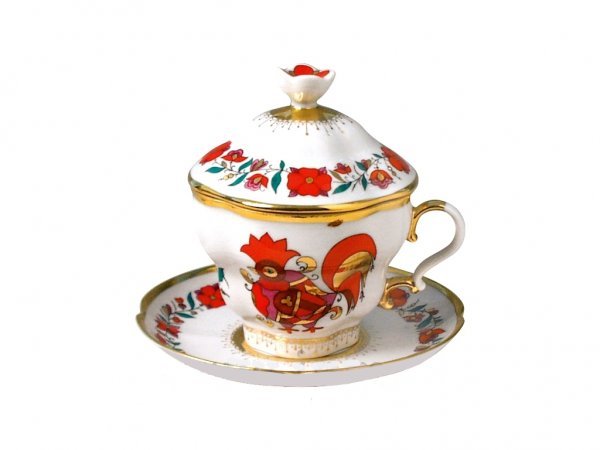 Красный петух Чашка с блюдцем и крышкой Подарочная-2 Сувенир чайная 250 мл
